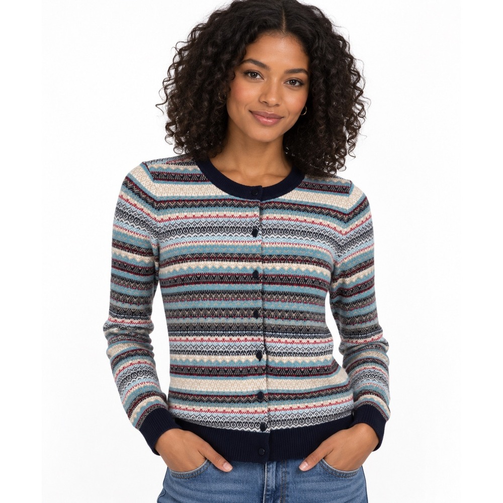 Talbots Womens XS Fair Isle Cardigan Sweater Blue Multi Lambswool Blend Crewneck